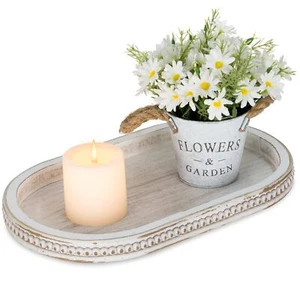 Decorative Serving Tray Wood White Washed Bead Oval Tray for Coffee Table Rus... - Picture 1 of 8