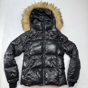 S13 New York schwarz Fellbesatz Kapuze Daunen gefüllt Mädchen gefütterte Jacke Größe 8 - Bild 1 von 8