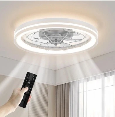 20” White Low Profile Ceiling Fan Light & Remote Bladeless Bedroom Dimmable - Image 1 of 4