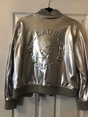 Karl Lagerfeld Paris Mujer Plateado Metálico Bomber Chaqueta Talla Mediana Foto 1 de 4