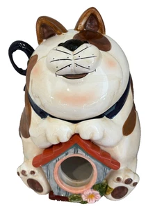 Tarro de galletas de cerámica vintage para gato sentado en una casa de pájaros con ventana transparente excelente - Imagen 1 de 8