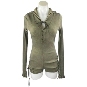 Darker Wavs Green Ribbed Knit Long Sleeve Henley Hoodie Hooded Romper Jumpsuit M - Bild 1 von 6