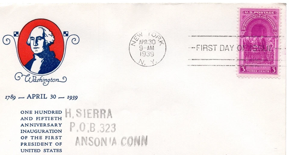1939 #854 G. WASHINGTON INAUGURATION FDC W/ LINPRINT CACHET TO ANSONIA CT GEM! - Image 1 of 1