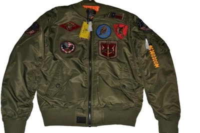 AUTÉNTICO HOMBRE TOP GUN MA-1 NAILON BOMBARDERO CHAQUETA PARCHES VERDE EJÉRCITO NUEVO CON ETIQUETAS Foto 1 de 4