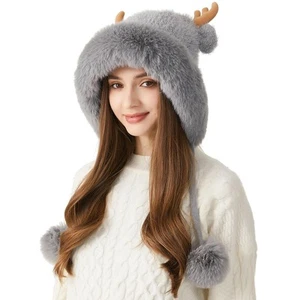 Women Winter Sherpa Beanie Hats Knit Ear Flaps Cover Ears Antler Fleece Lined... - Picture 1 of 4