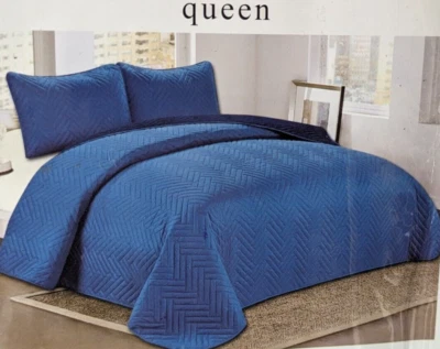 Wentworth Interiors 3 Piece Reversible Blue and Navy Embossed Quilt - Image 1 of 4