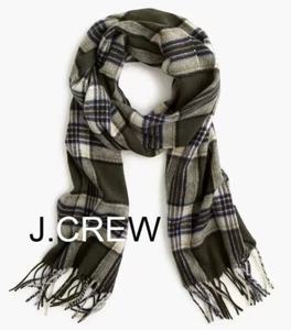 JCREW cashmere scarf olive plaid pure 100% tartan check green ivory muffler soft - Picture 1 of 7