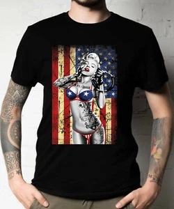 Sexy Flag Tat Girl & US Flag American Patriot Founding Fathers Freedom Tee - Picture 1 of 11