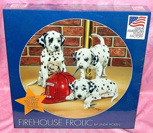 New Firehouse Frolic 500+ Piece Round Puzzle Linda Picken Dalmatian Puppies - Picture 1 of 3