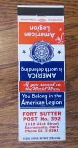 FRATERNAL AMERICAN LEGION MATCHBOOK COVER: SACRAMENTO, CA EMPTY MATCHCOVER -B9 - Bild 1 von 1
