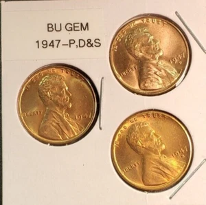 Set of BU 1947, P, D & S Lincoln Wheat Cents from OBW Rolls - Picture 1 of 2