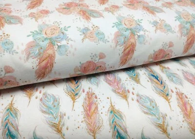 Leonie oder Leona weiss Jersey/Sweat Biostoff Blumen, Federn Blumenstoff 50 cm - Bild 1 von 4