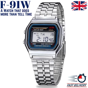 NEW Classic Digital Watch F91 Water Splush F91 Look with Steel Strap in Silver - Picture 1 of 8