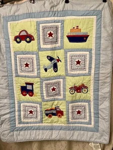 Bright future boy crib quilt 45x35 blue gingam w squares of plane, car, truck - Picture 1 of 11