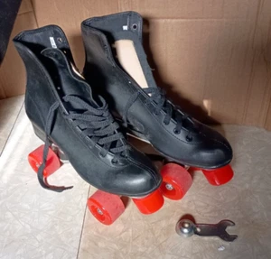 VINTAGE BLACK LEATHER SIZE 8 ROLLER DERBY SKATES RED WHEELS WITH KEY TOOL - Picture 1 of 8
