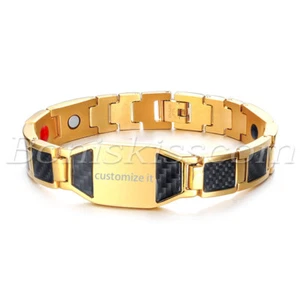 Men's Biker Stainless Steel Carbon Fiber Magnetic Bracelet Chain Free Engraving - Picture 1 of 19