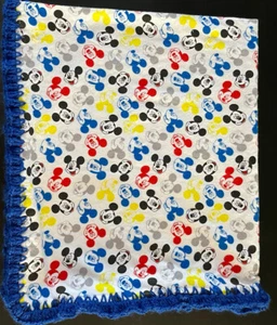 Boys Lg Flannel Blanket “ Mickey Mouse Head Different Poses” Crocheted Border - Picture 1 of 12