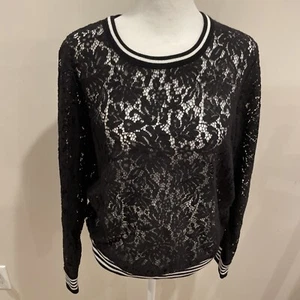 Inc. Black Lace Top Size Large Black White Striped Ribbing Versatile Striking - Picture 1 of 9