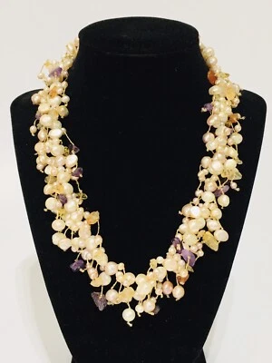 Vintage 925 Sterling Silver Chunky Necklace Pearls  Amethyst Amber Chips Jewelry - Image 1 of 4