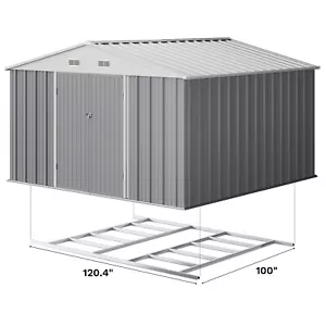 10x10 FT Outdoor Storage Shed with Floor Frame, Metal Yard Shed with Doors, Grey - Picture 1 of 7