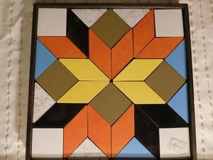 Vintage 1970's Folk Art Geometric Thick 1/2" Linoleum Puzzle in Frame - Picture 1 of 7