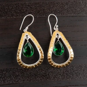 Lab-Created Emerald Gemstone Dangle Earring 925 Sterling Silver Handmade Jewelry - Picture 1 of 3