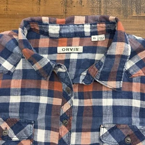 Orvis Linen Blend Trout Bum Shirt Women's XL Short Sleeve Button Front Plaid - Picture 1 of 5