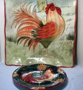 Certified Intl Susan Winget Le Rooster 13 Square Platter + Sunrise Rooster Plate - Picture 1 of 7