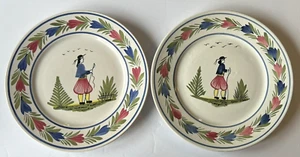 2 Henriot Quimper Dinner Plate Faience Mistral Campagne Breton Man Round 10.75" - Picture 1 of 5