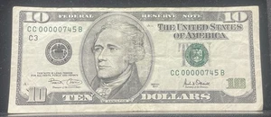 Extremely Low Serial Number Ten Dollar Bill CC 00000745 B 2001 Philadelphia - Picture 1 of 2