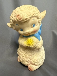 Vintage Rubber Lamb Sheep Figure Germany 1960s Blue Bow Flower Nursery Decor Toy - Picture 1 of 20