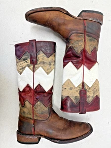 MACIE BEAN BOOTS Women's Size 6.5 M Square Toe Western Stripe Leather - Picture 1 of 13