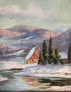 Antigua tabla de aceite vintage cabaña Lake Mountain firmada E Francis enmarcada - Imagen 1 de 6