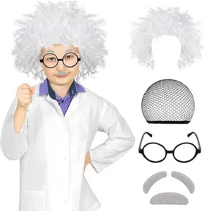 Niño Científico Loco Loco Peluca Blanca Abrigo de Laboratorio Gafas Bigote Cosplay Doctor Divertido - Imagen 1 de 11
