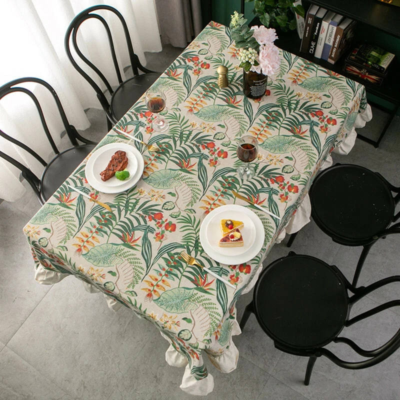 Leinen Tischdecke Stoffbezug Pflanzen Bedruckt Rüsche Fransen Ornamente Retro - Bild 1 von 4