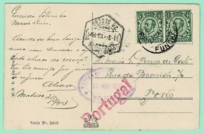 "POSTED ON THE HIGH SEAS' FUNCHAL CDS 27 MAR 10 on PPC to PORTO f/w KGV 2x½d - Image 1 of 2