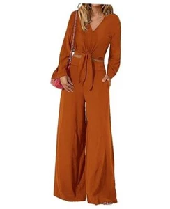 Women's 2 Piece Outfits 2024 Fall Casual Tracksuits Medium Solid Brown Orange - Picture 1 of 7