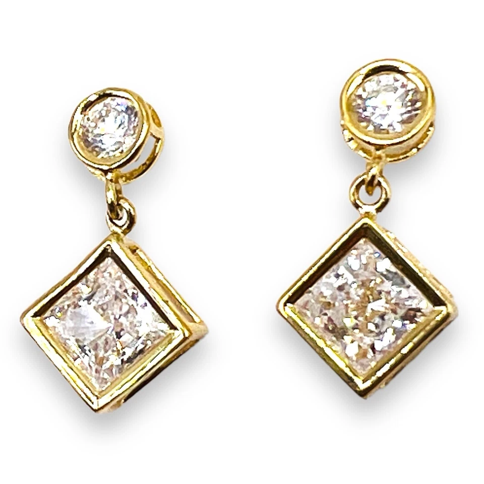 14k Yellow Gold Round Stones Square Drop Dangle Earrings  - Image 1 of 1