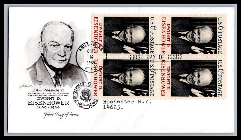 US FDC # 1383 6c Dwight D. Eisenhower Artmaster Block  1969, 9h343 - Image 1 of 1