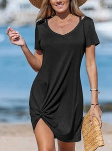 Women's Black Cold Shoulder Knot Front Dress/Coverup ~ Size Medium - Picture 1 of 3