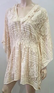 ANNA SUI Elfenbein Creme Quaste Fransen Blumen Häkel Kurz Mini Kaftan Tunika Kleid  - Bild 1 von 10