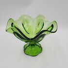 Vintage Le Smith 6 Petal Green Glass Pedestal Compote Candy Dish 5" Tall