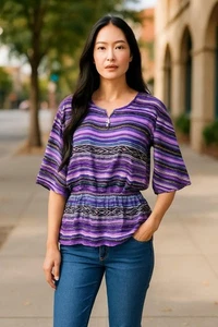 Blusa Chicos Mujer 1 o Mediana Púrpura Rayas Transparente Cintura Elástica Boho Campesina - Imagen 1 de 11