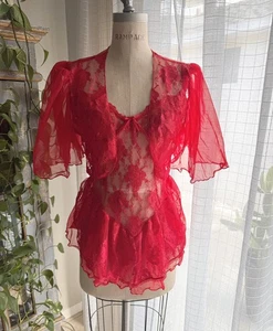 Vintage 80s Frederick's Of Hollywood Set Sheer Lace Babydoll + Shrug Red Medium - Picture 1 of 10