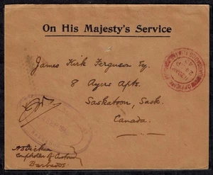Barbados 1942 OHMS Cover w/VIOLET DOUBLE OVAL SEAL & RED OFFICIAL Cds RARE - Picture 1 of 1