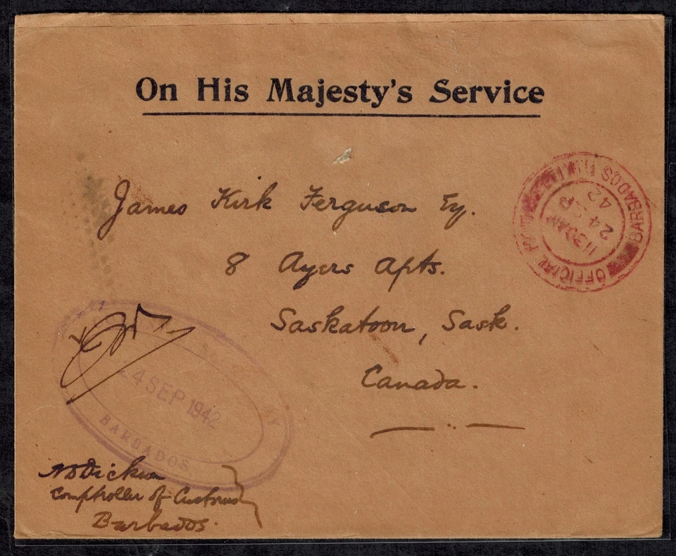 Barbados 1942 OHMS Cover w/VIOLET DOUBLE OVAL SEAL & RED OFFICIAL Cds RARE - Image 1 of 1