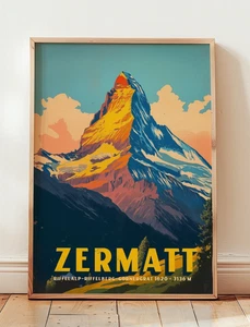Zermatt Matterhorn Poster, Vintage Swiss Alps Wall Art, Mountain Decor - Picture 1 of 5