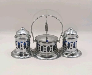 Vintage Salt, Pepper & Mustard Cruet Set With Cobalt Blue Liners On A Metal Tray - Picture 1 of 14