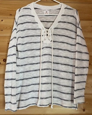 Suéter Sundry para mujer talla 1 tejido a rayas con cordones cuello en V blanco negro algodón Foto 1 de 4