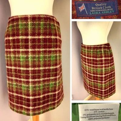 Laura Ashley UK 18 Red Green Multi 83% Wool 16% Mohair Autumn Winter Xmas  Skirt - Image 1 of 4